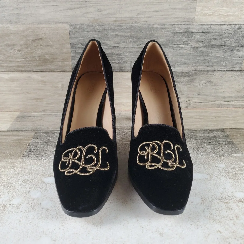 Lauren Ralph Lauren Corah Womens Pumps Sz 8.5 B Black Velvet Logo Stiletto Heel